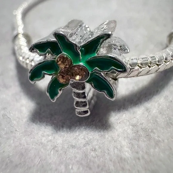 Silver Tone Palm Tree Charm Bracelet Enamel Green Coconuts Rhinestones Women - Picture 5 of 9